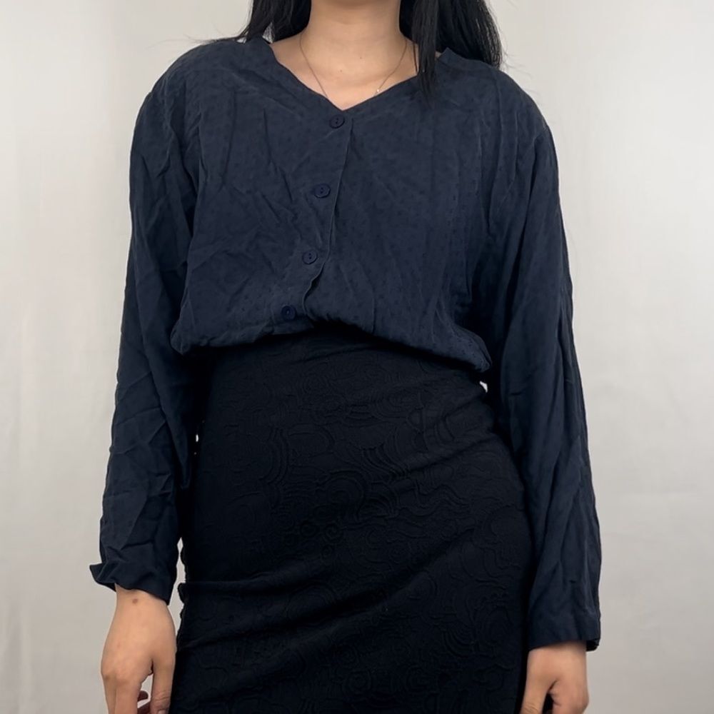 Vintage M. J. Caroll Navy Silk Collarless Blouse